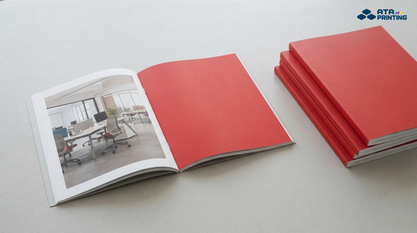 Cuốn catalogue mở trang ảnh văn phòng cạnh chồng catalogue bìa đỏ cán mờ