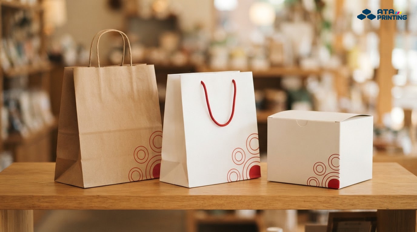 Túi giấy kraft, túi giấy trắng quai dây đỏ và hộp giấy ivory in họa tiết vòng tròn đỏ