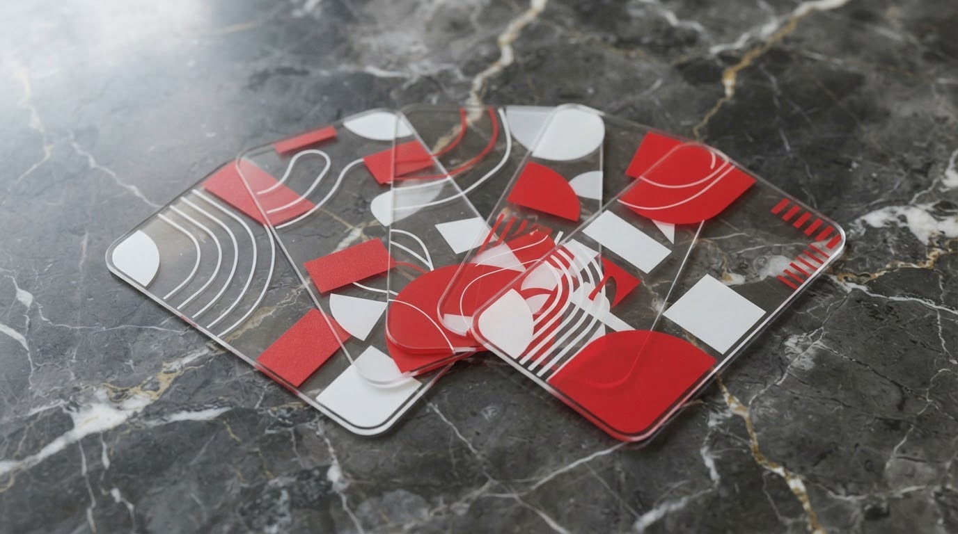 Bốn card visit nhựa trong in khối hình học đỏ trắng xòe trên mặt đá cẩm thạch tối