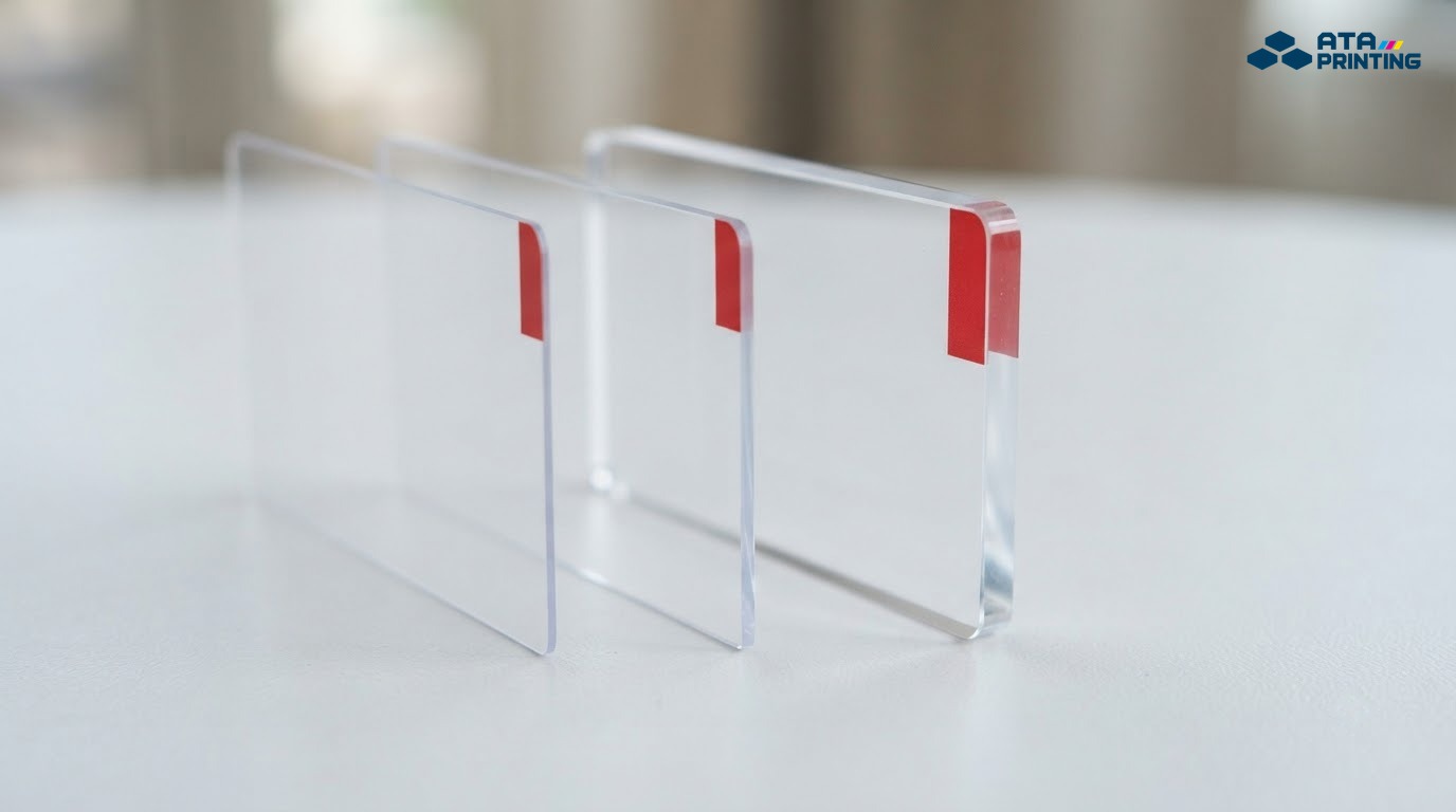 Ba card nhựa trong dựng đứng với độ dày khác nhau, góc mỗi tấm có mảng đỏ