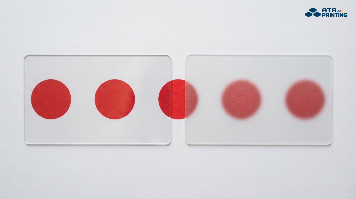 Card nhựa trong thấy rõ chấm tròn đỏ bên dưới cạnh card nhựa mờ làm chấm đỏ nhòe