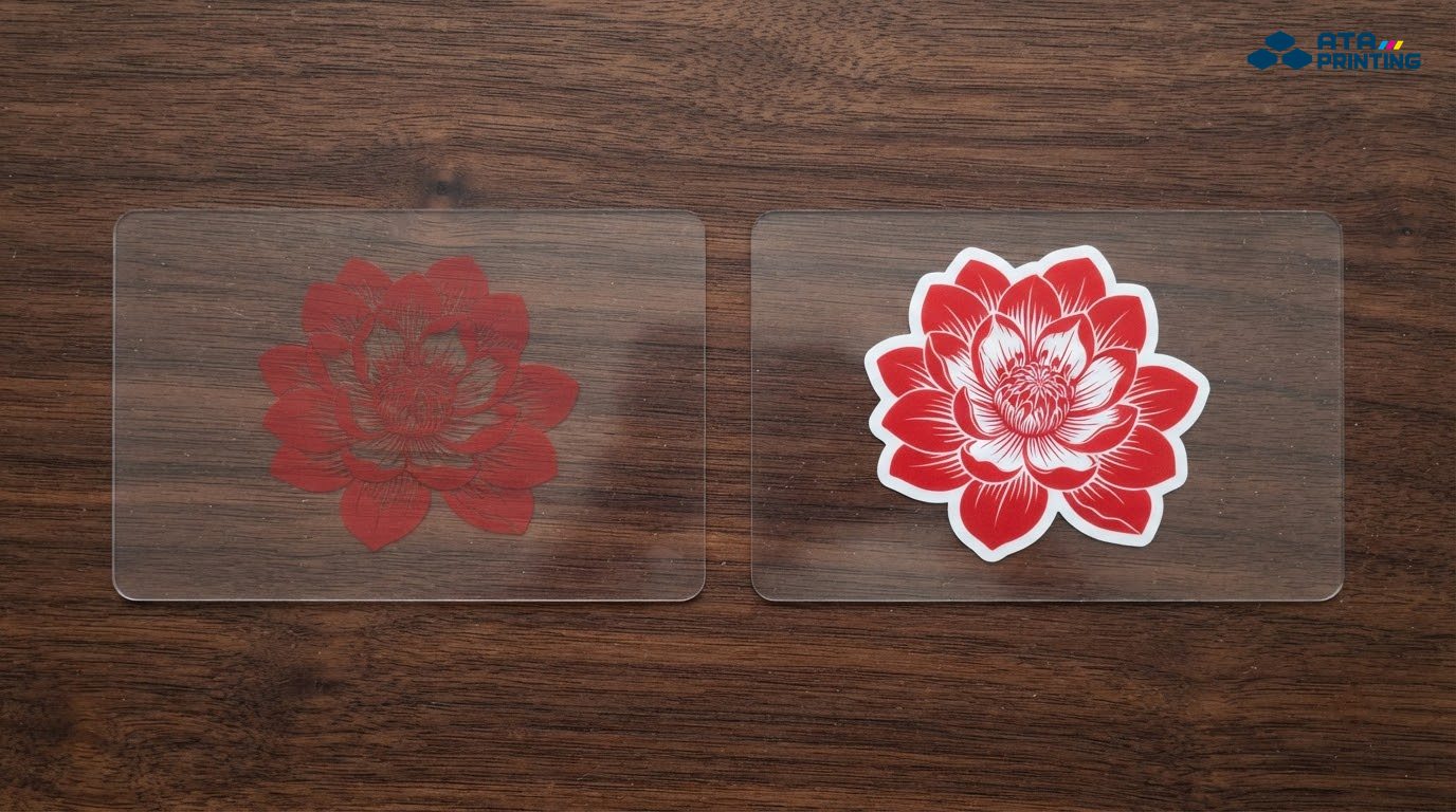 Hai card nhựa trong in hoa sen đỏ, tấm có lót trắng cho màu đậm và nổi hơn