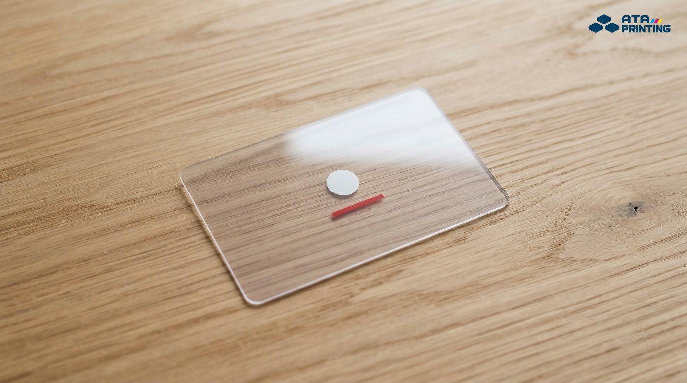 Card nhựa trong tối giản chỉ có chấm tròn trắng và vạch đỏ trên mặt gỗ