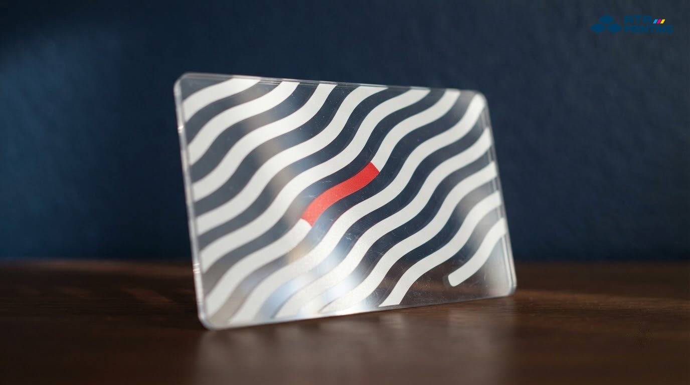 Card nhựa trong in sóng trắng đục xen khoảng trong suốt và một đoạn đỏ trước nền xanh navy