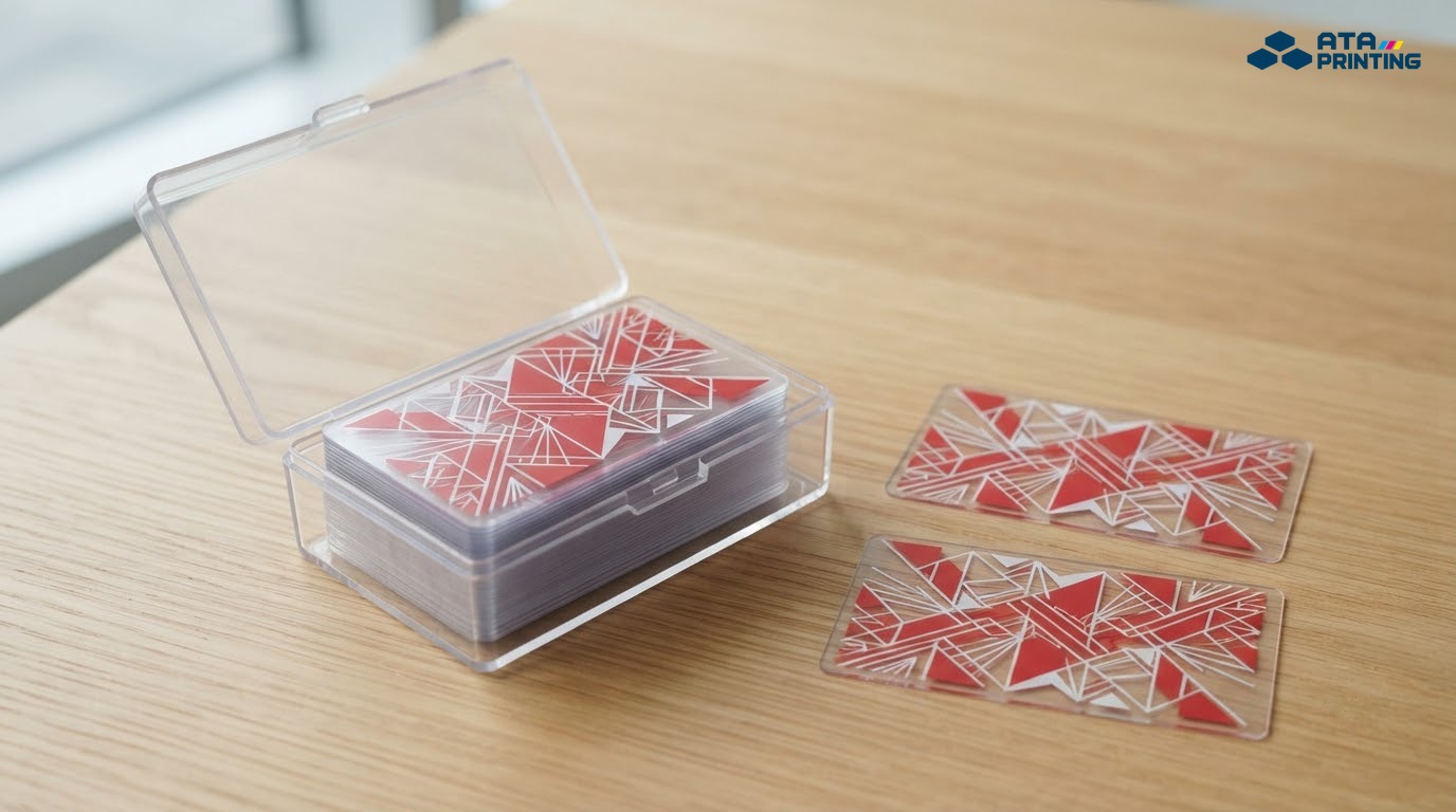 Hộp nhựa mở nắp đựng xấp card nhựa trong họa tiết tam giác đỏ cạnh hai card rời