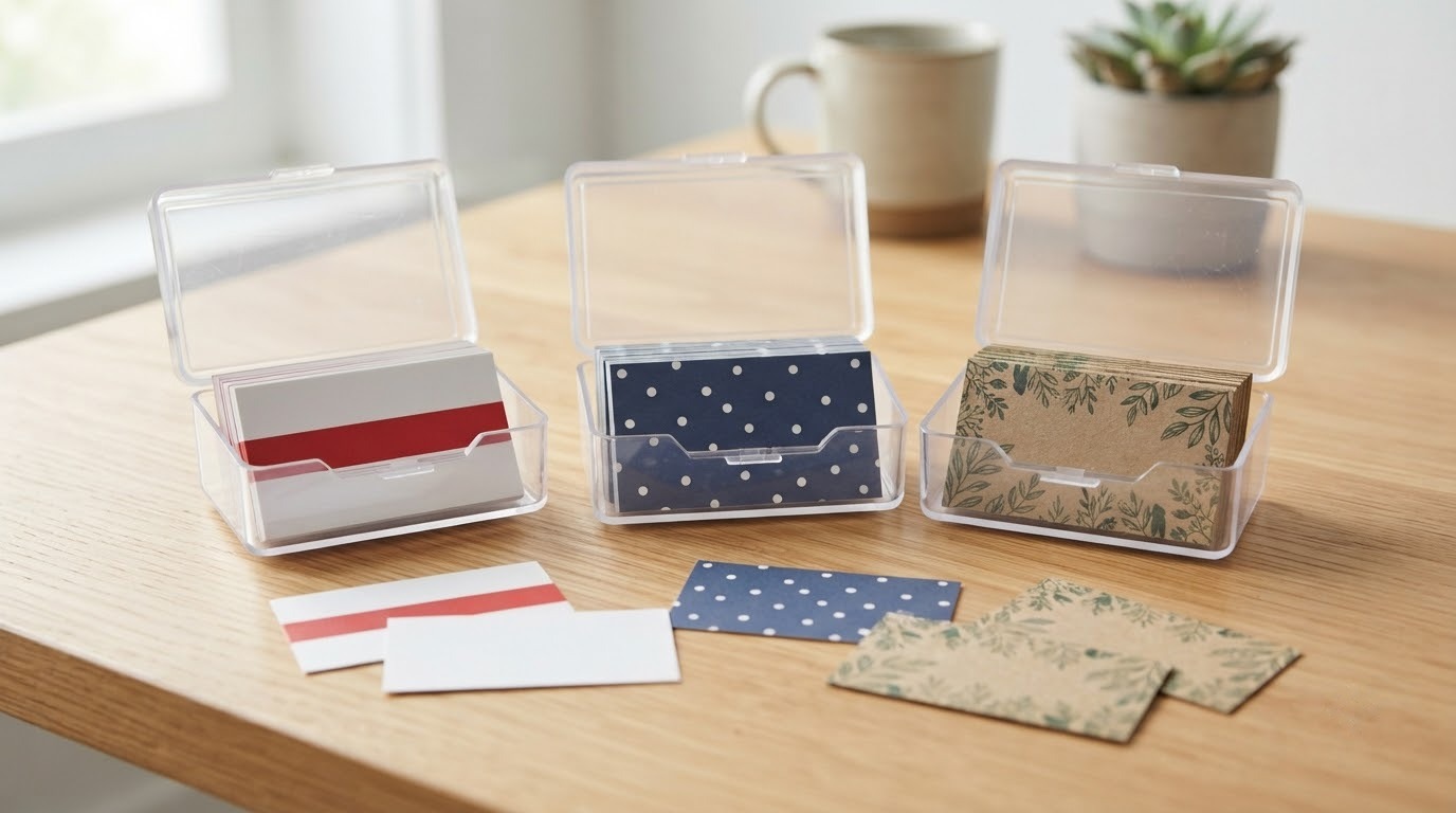 Ba hộp nhựa trong đựng card visit dải đỏ, chấm bi xanh navy và kraft họa tiết lá trên bàn