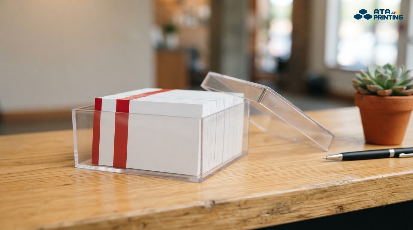 Hộp nhựa trong mở nắp đựng xấp card visit trắng có dải đỏ cạnh bút và chậu sen đá