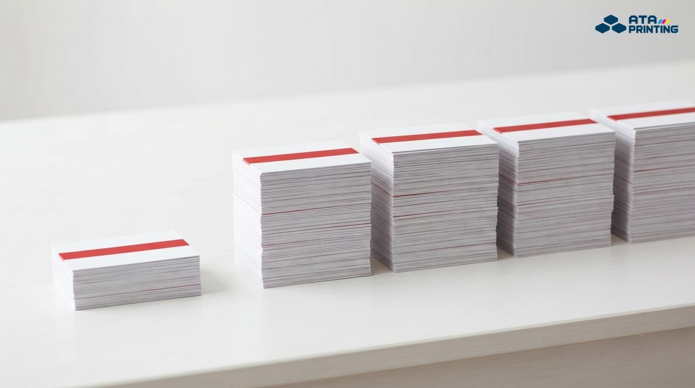 Một xấp card visit thấp đặt cạnh bốn chồng card cao cùng mẫu dải đỏ