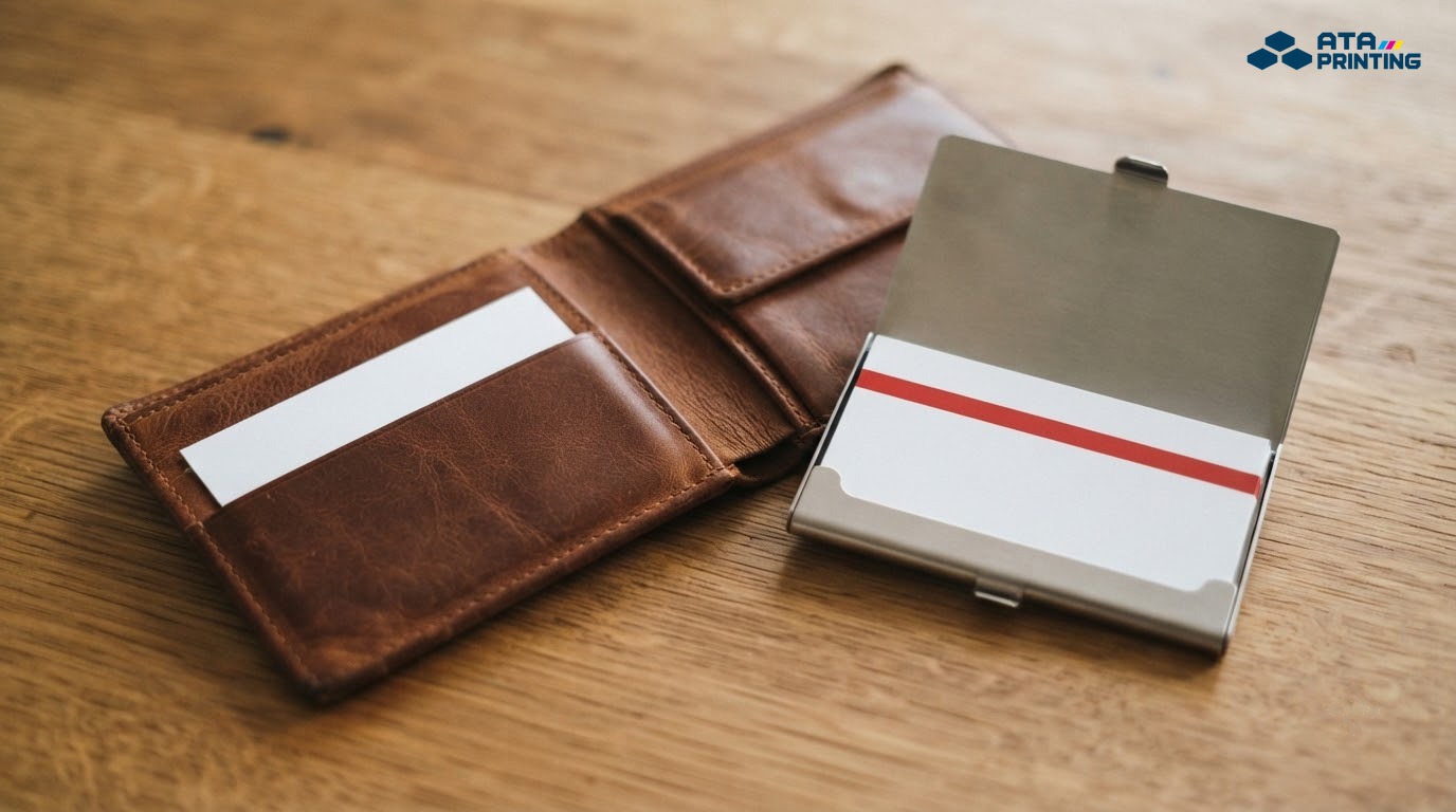 Card visit trắng cắm trong ngăn ví da nâu cạnh hộp đựng card kim loại có card dải đỏ