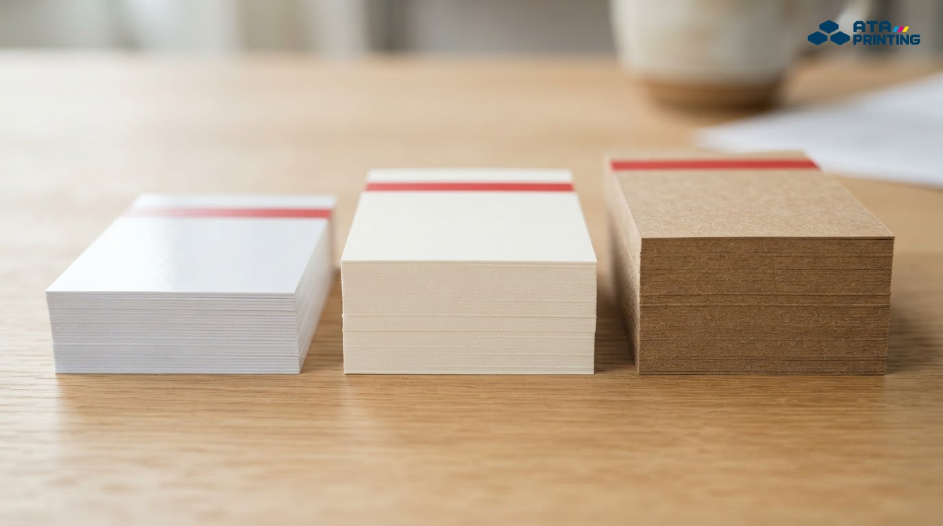 Ba xấp card giấy trắng bóng, trắng ngà và kraft cho thấy độ dày khác nhau