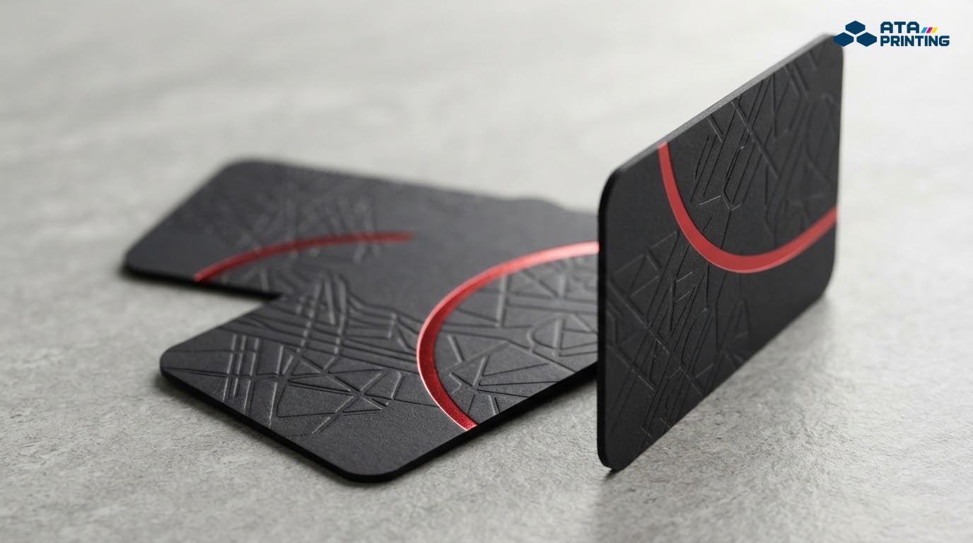 Card visit đen bo góc có họa tiết dập nổi và đường cong ép kim đỏ