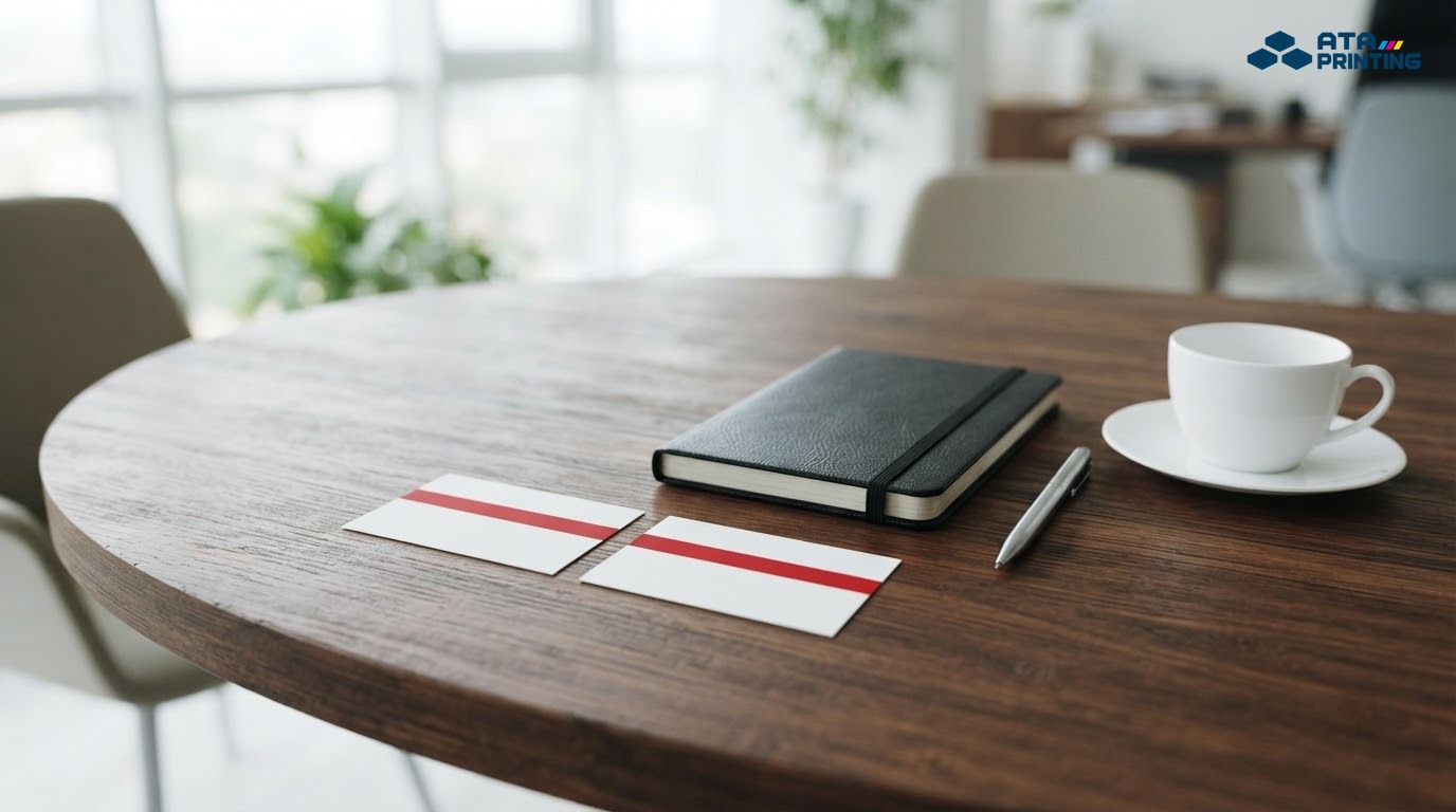 Hai card visit dải đỏ trên bàn họp gỗ cạnh sổ tay da đen, bút và tách cà phê