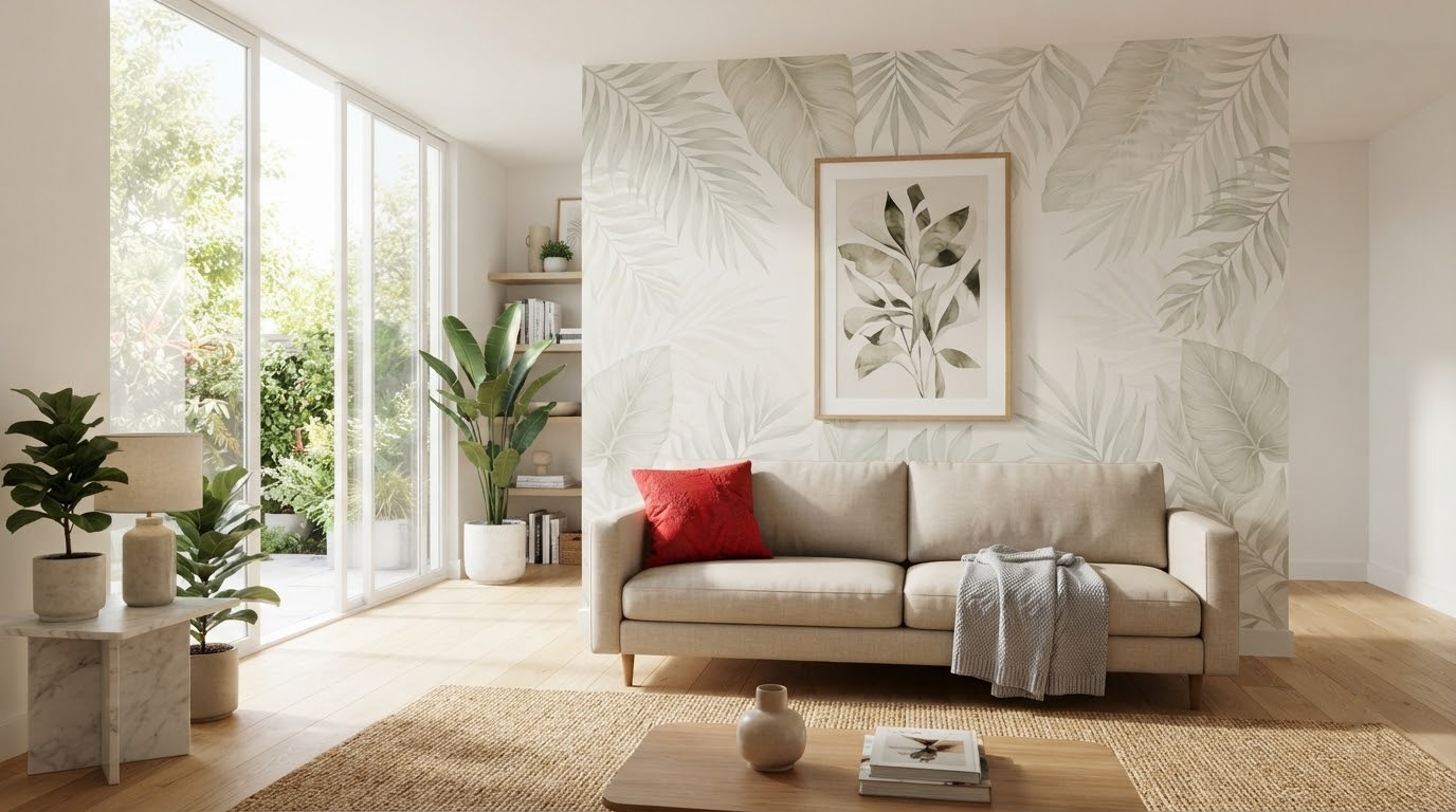 Không gian phòng khách trang trí bằng decal dán tường khổ lớn họa tiết thực vật