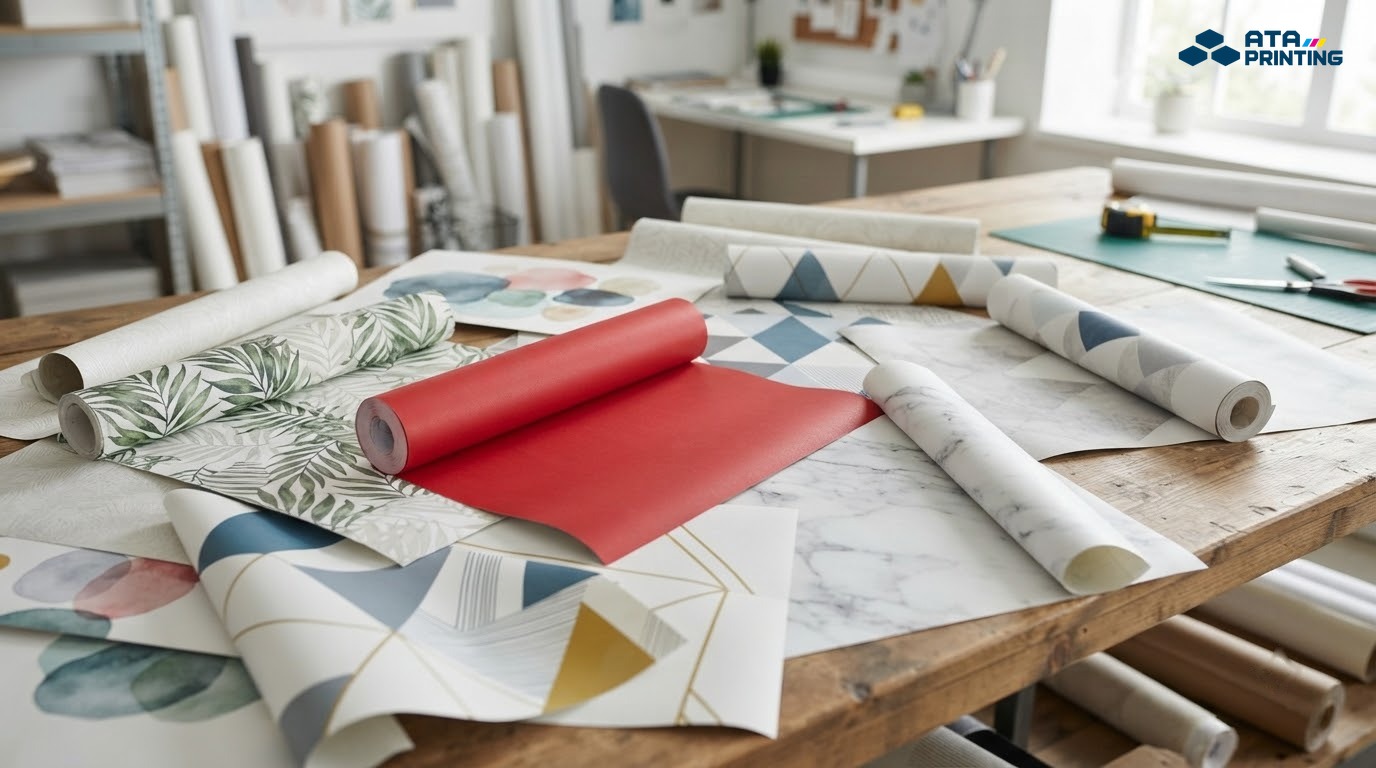 Các mẫu decal dán tường dạng cuộn với họa tiết thực vật, hình học và giả đá