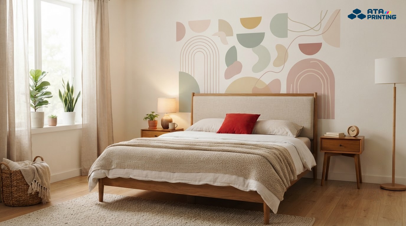 Phòng ngủ ấm áp với decal dán tường phong cách Bắc Âu màu pastel