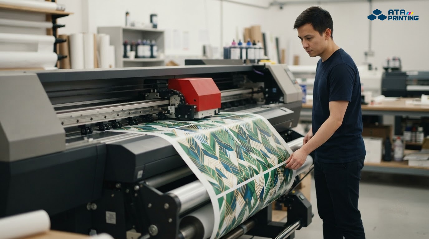 Máy in khổ lớn đang in decal dán tường họa tiết trừu tượng