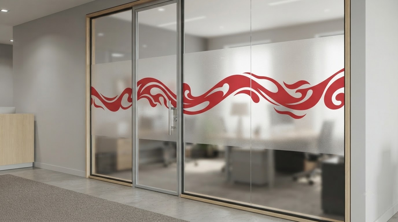 Cửa và vách kính văn phòng dán decal mờ với dải hoa văn đỏ