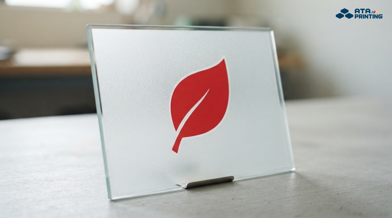 Mẫu decal mờ in họa tiết lá đỏ trên kính được chiếu sáng từ phía sau