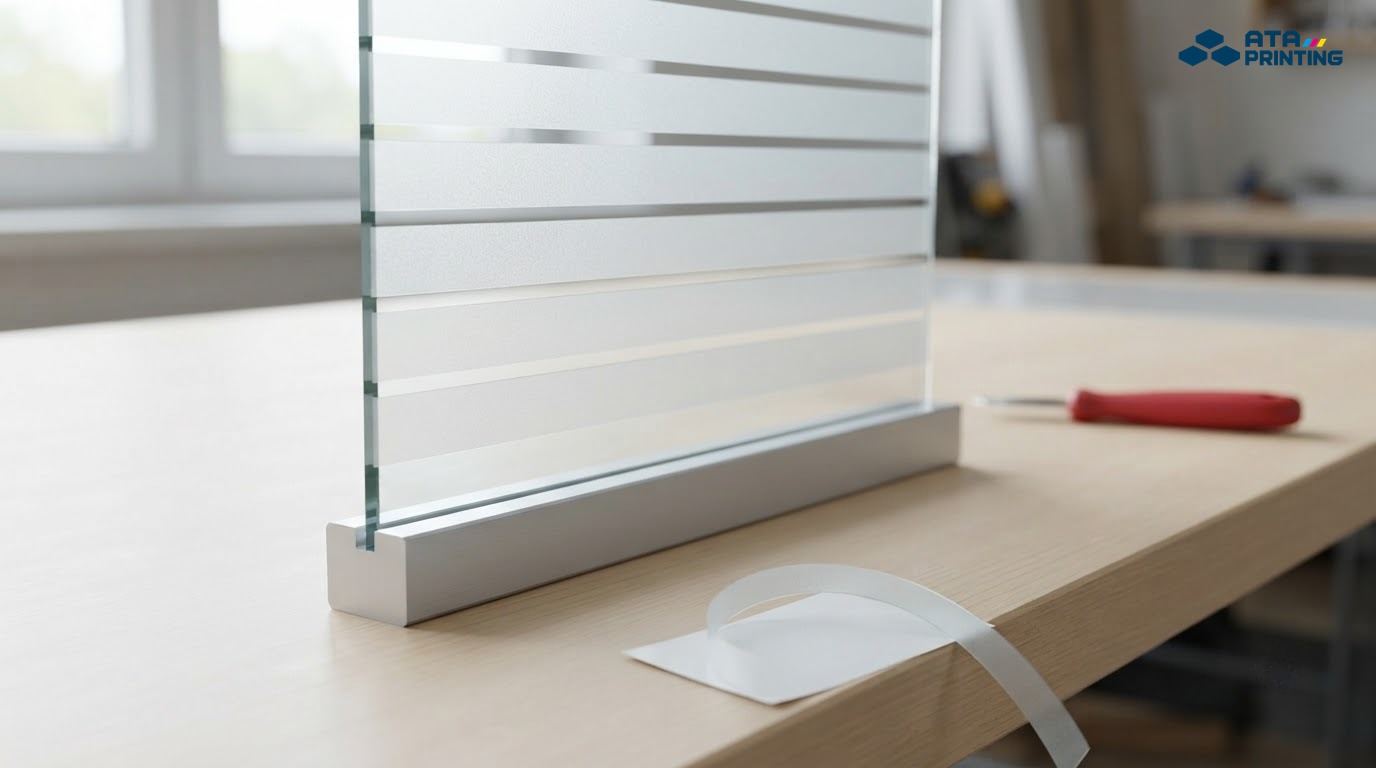 Các dải decal mờ cắt thẳng trên tấm kính, có khe kính trong giữa các dải