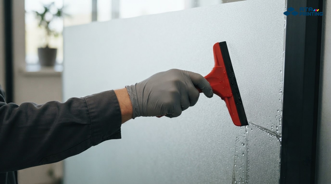 Bàn tay dùng gạt mềm ép nước ra mép tấm decal mờ đang dán trên kính