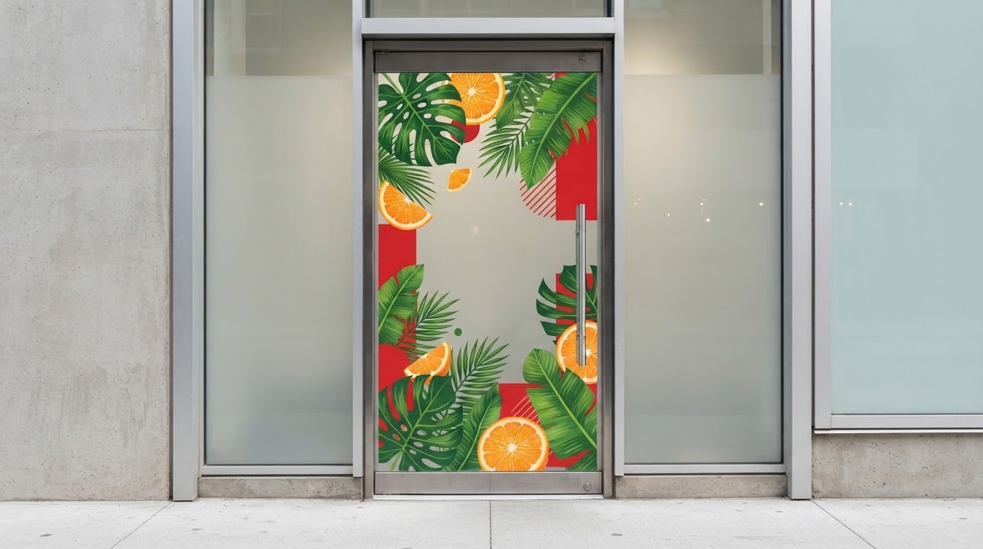 Cửa kính cửa hàng dán decal ngược in hình lá nhiệt đới và trái cây, nhìn từ ngoài vào