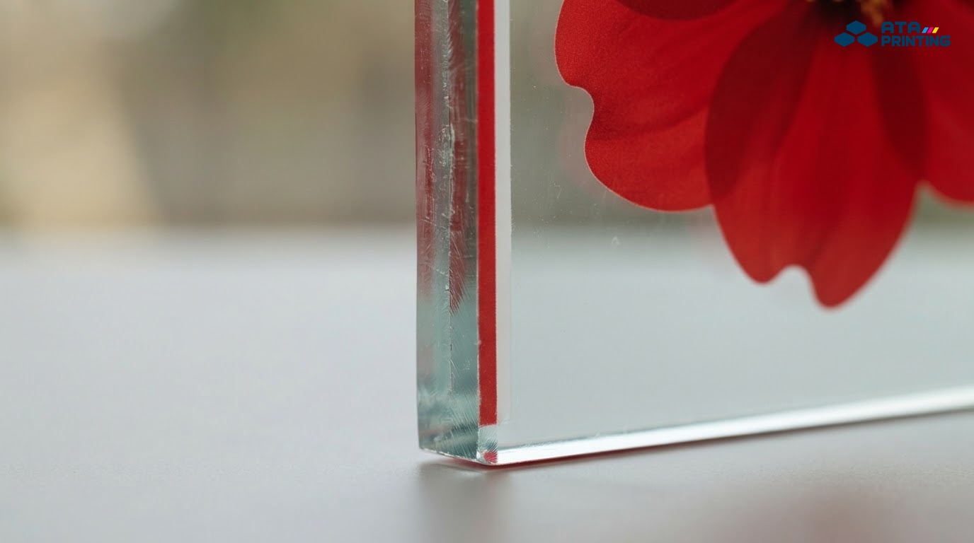 Cận cảnh mép tấm kính dày dán decal ngược hình bông hoa đỏ ở mặt sau