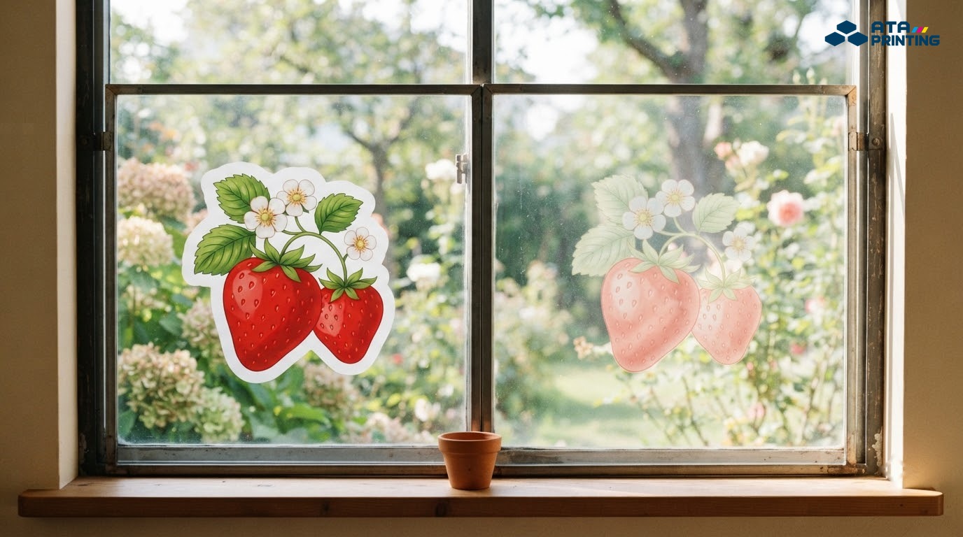 Hai decal dán kính cùng hình, decal có lót trắng rực rỡ, decal không lót trắng nhạt và trong