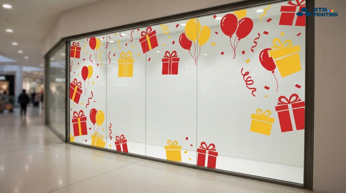 Mặt kính gian hàng dán decal ngược hình hộp quà, bóng bay và pháo giấy