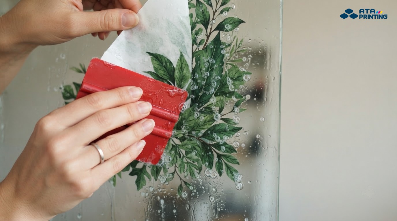 Tay dùng gạt nhựa miết decal lên mặt trong kính đã xịt nước, đẩy bọt khí ra mép