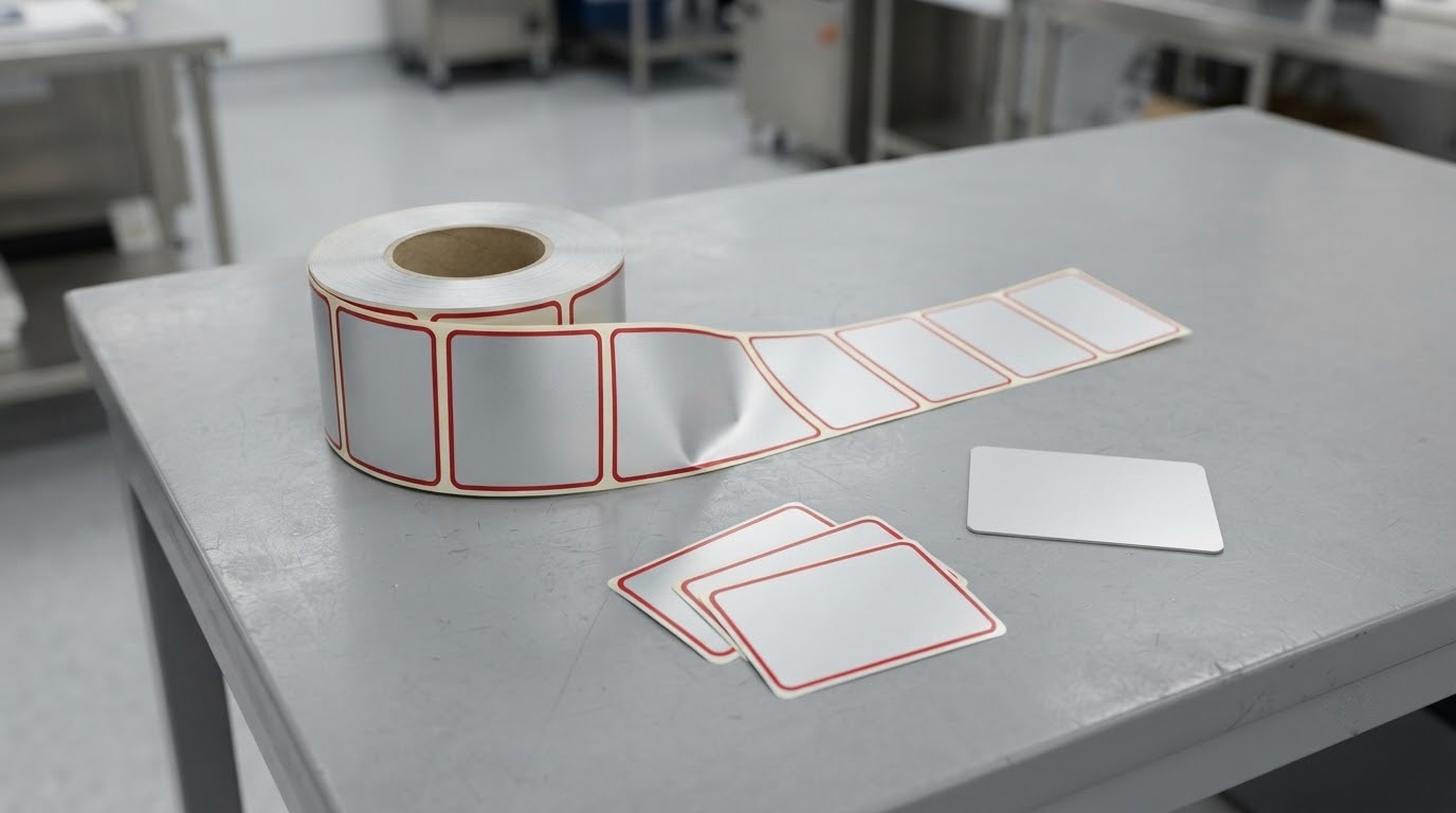 Cuộn decal nhôm bạc có tem chữ nhật viền đỏ cạnh vài tem rời trên bàn xưởng
