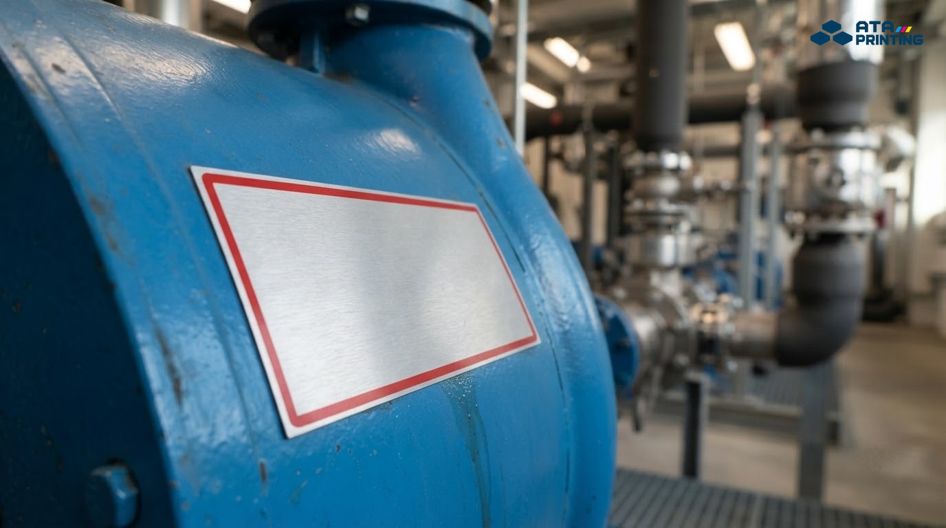 Tem nhôm xước viền đỏ dán trên thân máy bơm công nghiệp sơn xanh