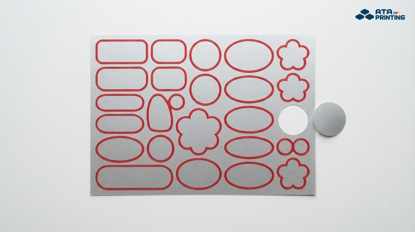 Tờ decal nhôm bế demi tem chữ nhật, tròn, oval, hoa; một tem tròn đã bóc rời