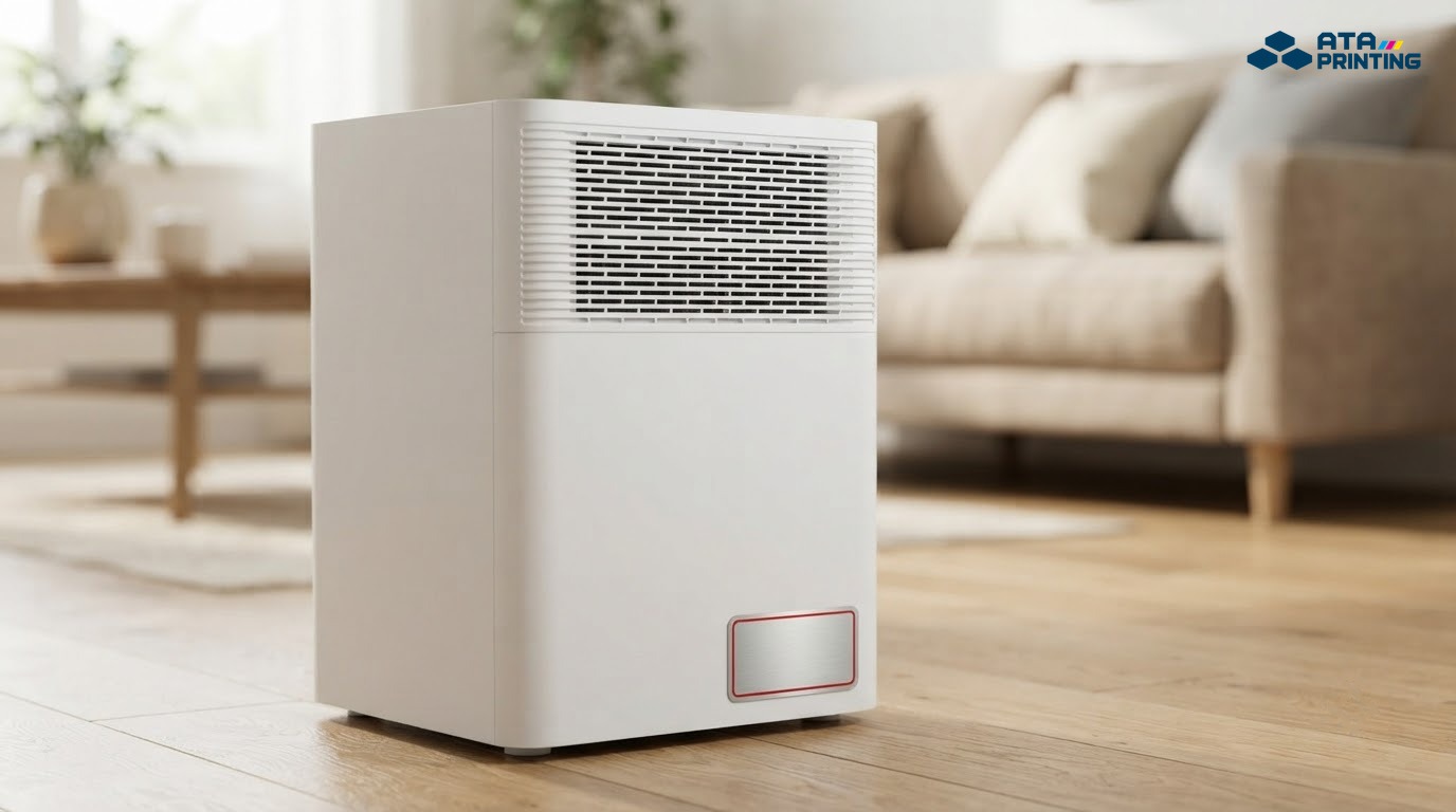 Tem decal thiếc viền đỏ dán ở góc dưới máy lọc không khí trắng