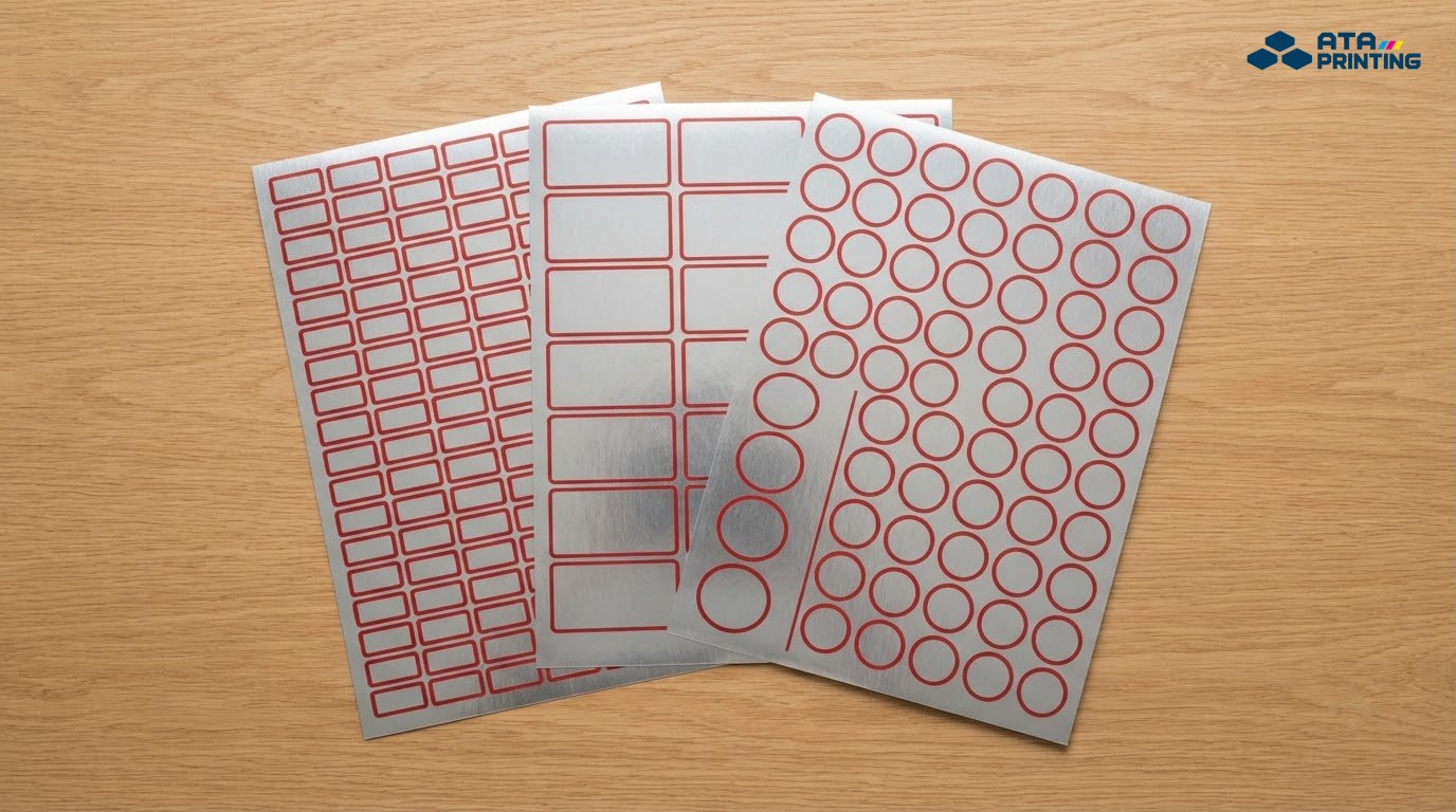 Ba tờ decal thiếc với tem chữ nhật nhỏ, chữ nhật lớn và tem tròn viền đỏ