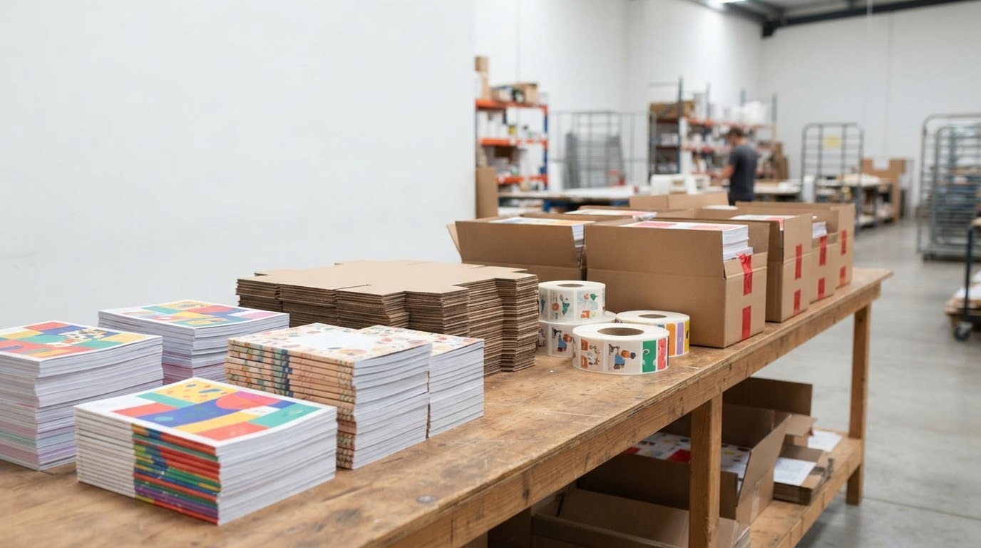 Các chồng ấn phẩm in gia công đóng thùng carton sẵn sàng giao cho công ty quảng cáo