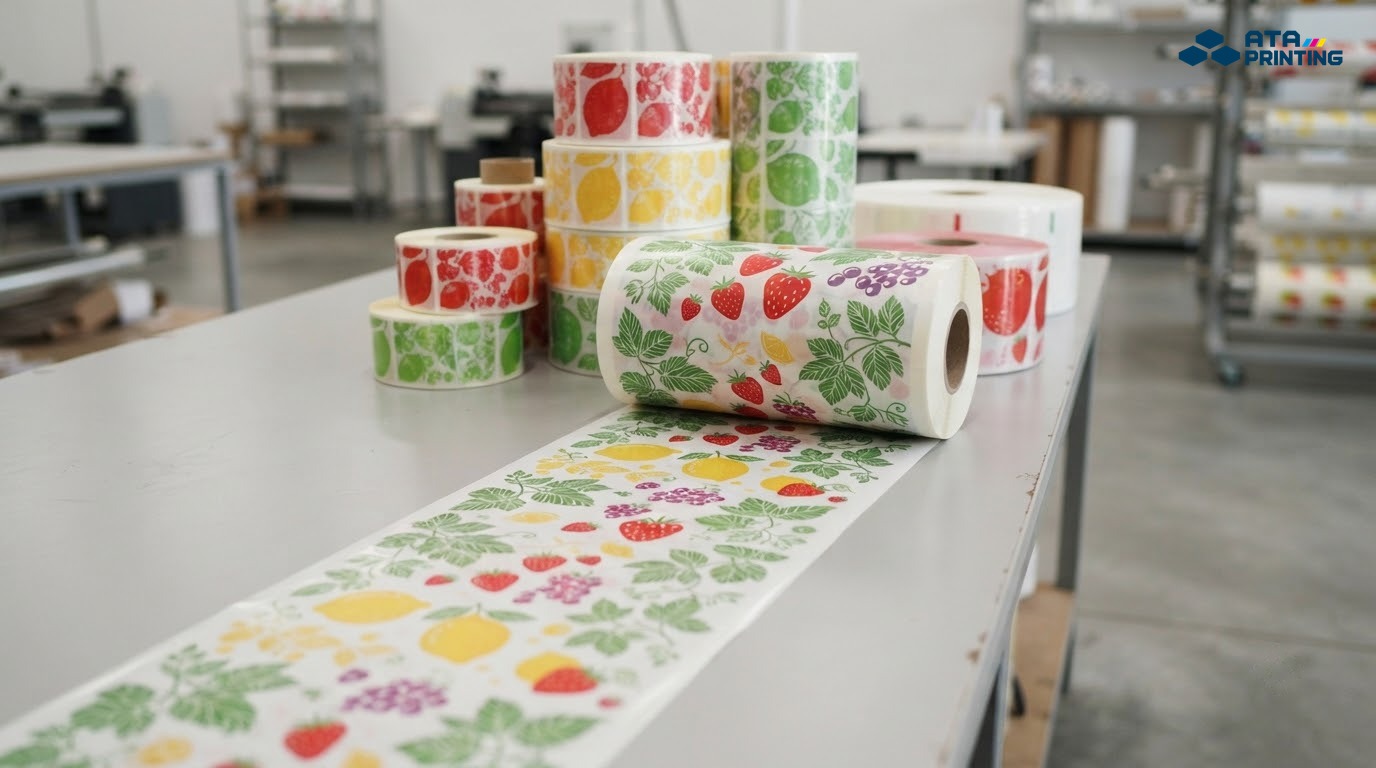 Các cuộn nhãn và màng bao bì in flexo xếp chồng, một cuộn kéo dài ra