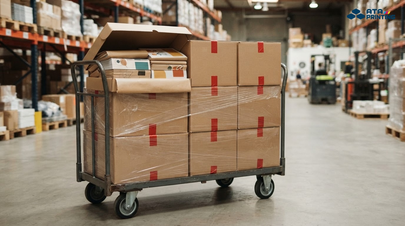 Thùng carton chứa ấn phẩm in gia công được bọc màng co trên xe đẩy
