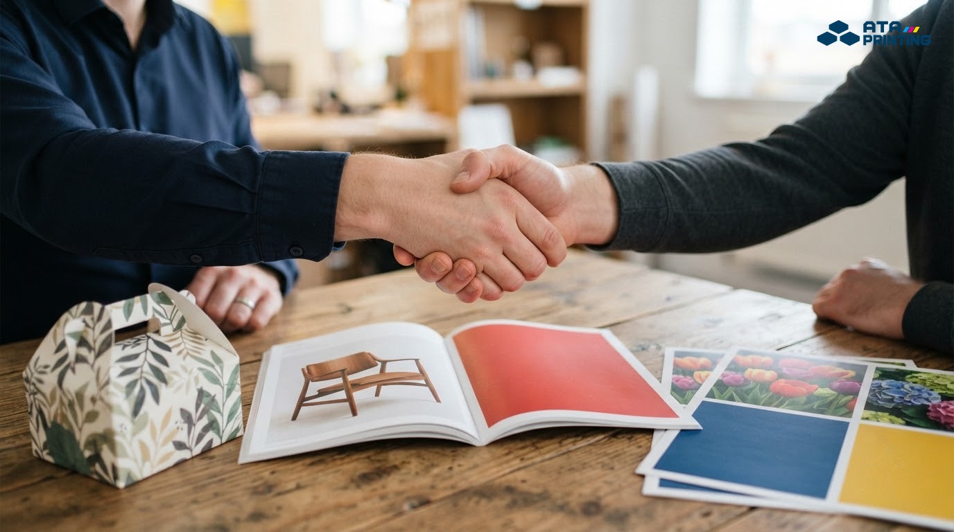 Hai người bắt tay bên bàn bày mẫu ấn phẩm in gia công