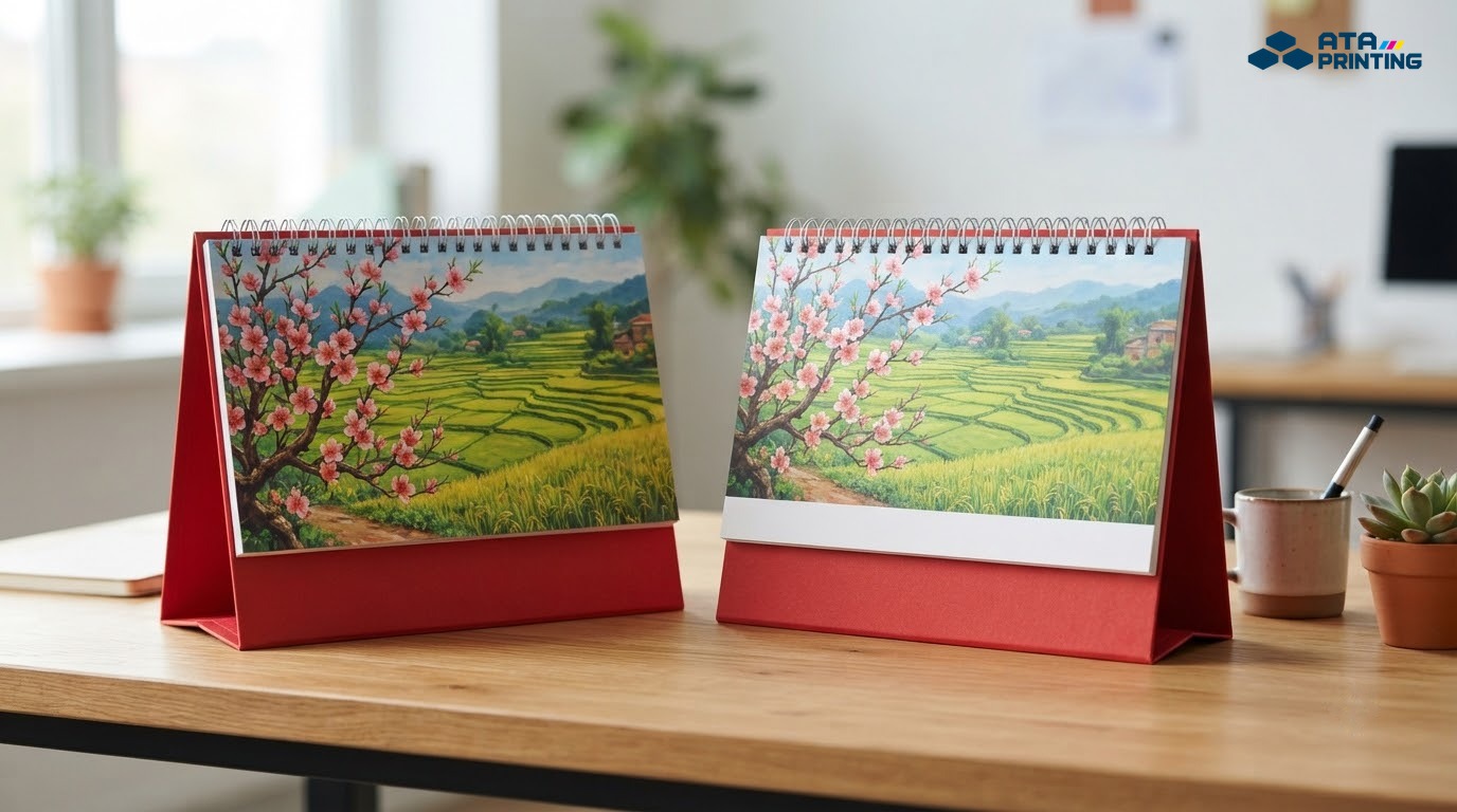 Hai lịch để bàn dáng chữ A và chữ M gáy lò xo, trang tranh hoa đào và cánh đồng