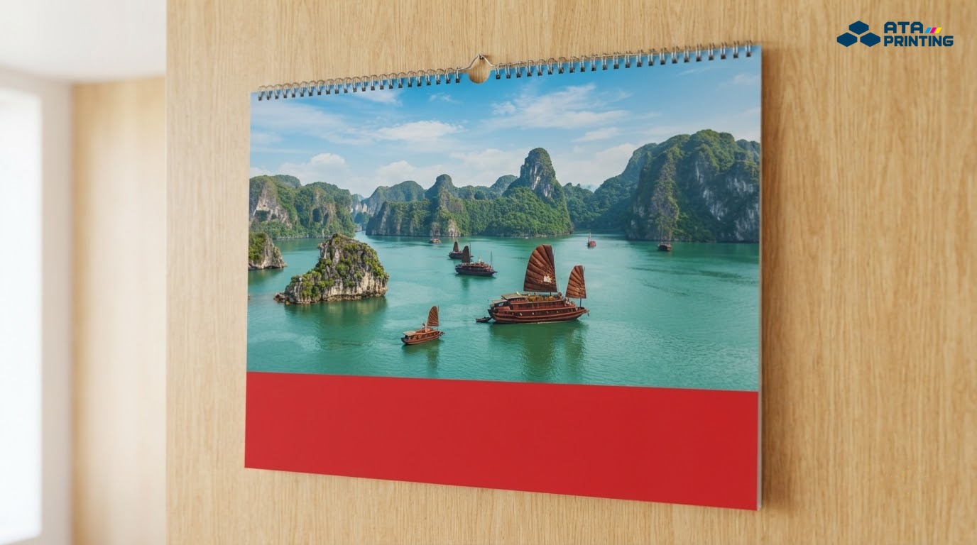 Lịch treo tường trang ảnh vịnh biển với đảo đá vôi và thuyền buồm