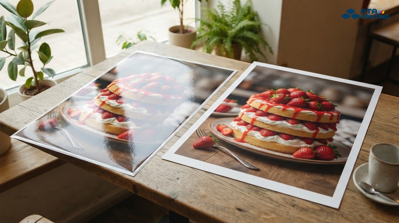 Hai poster khổ lớn cán màng bóng và cán màng mờ đặt cạnh nhau