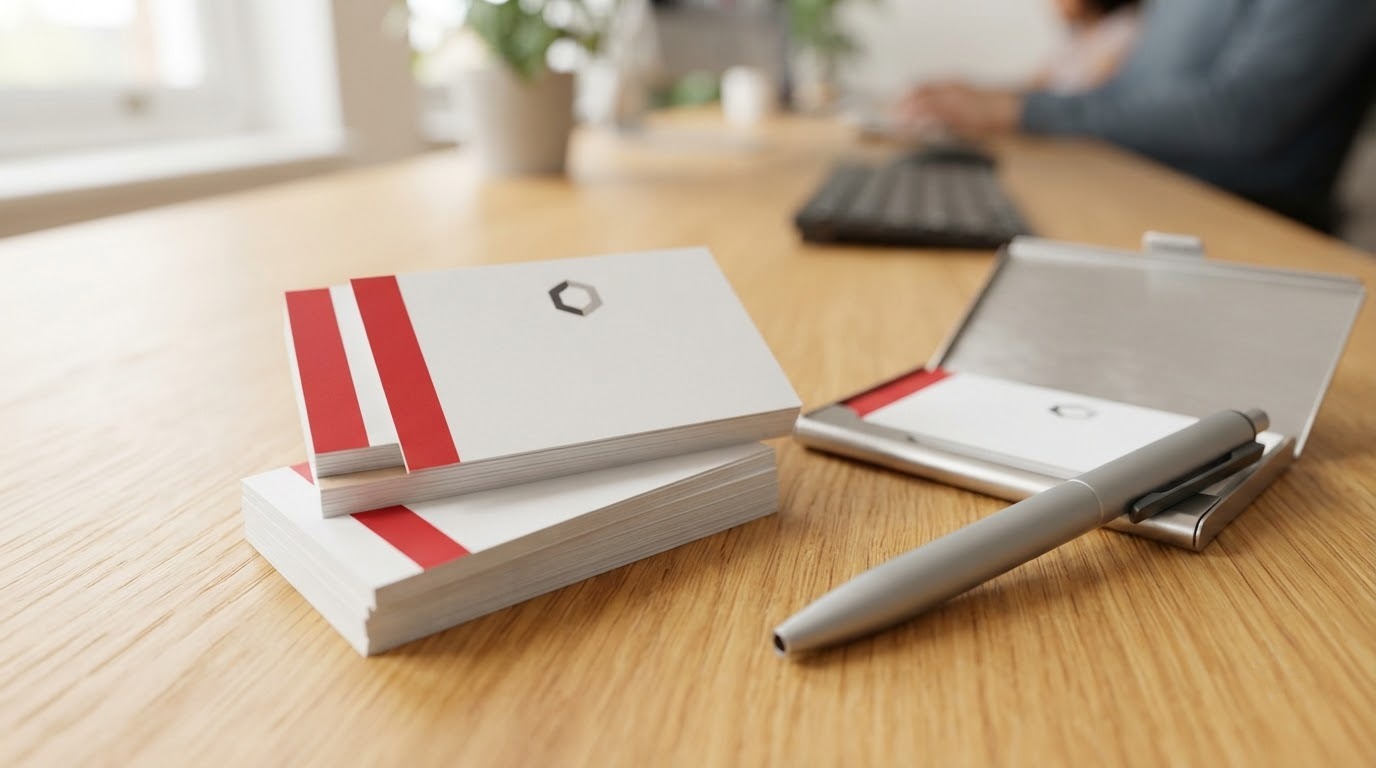 Xấp name card trắng có dải đỏ cạnh hộp đựng card kim loại và cây bút