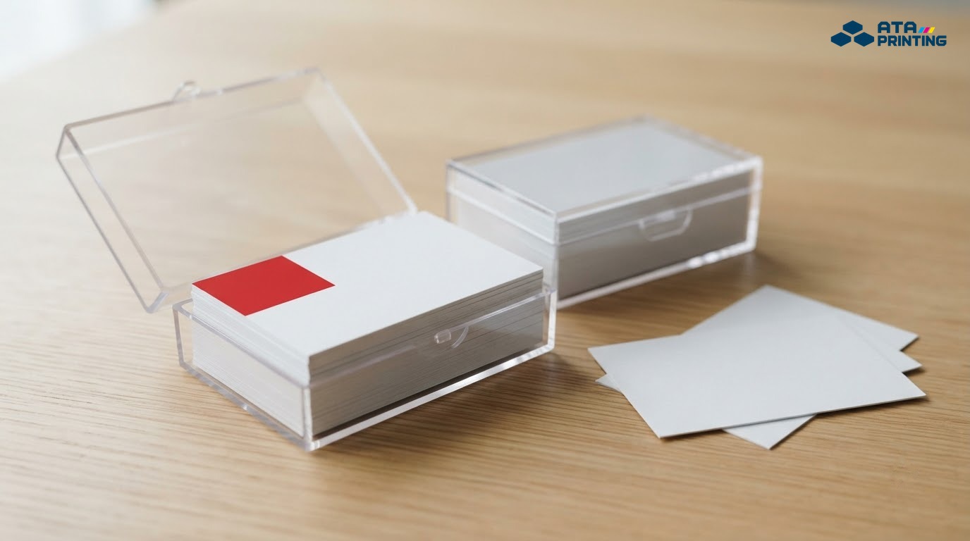 Name card thành phẩm xếp gọn trong hộp nhựa trong suốt mở nắp