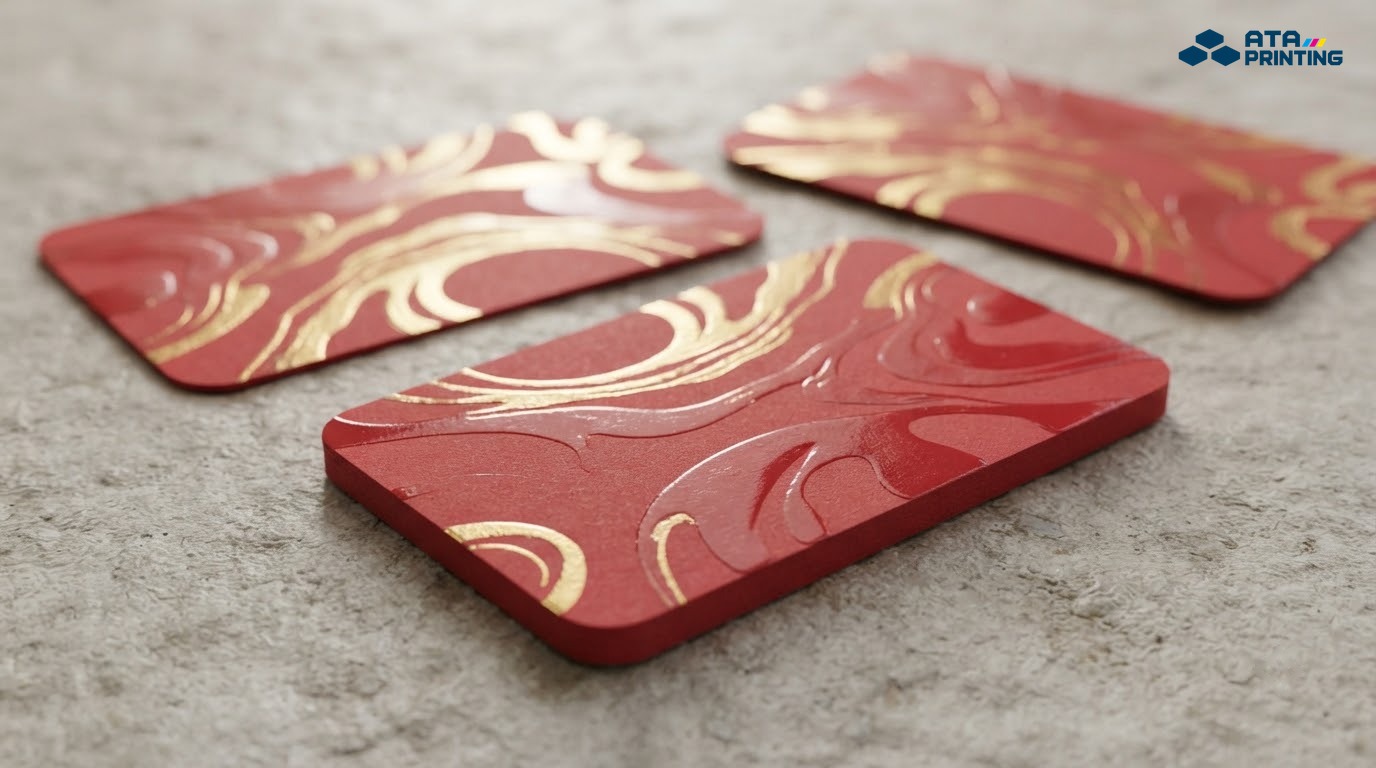 Name card bo góc tròn có họa tiết ép kim vàng và lớp phủ UV bóng