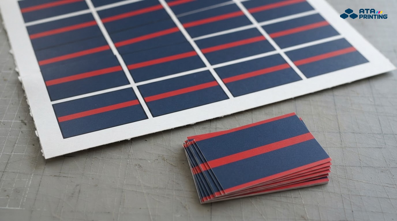 Tờ in nhiều name card nền xanh navy dải đỏ cạnh xấp thẻ đã xén gọn
