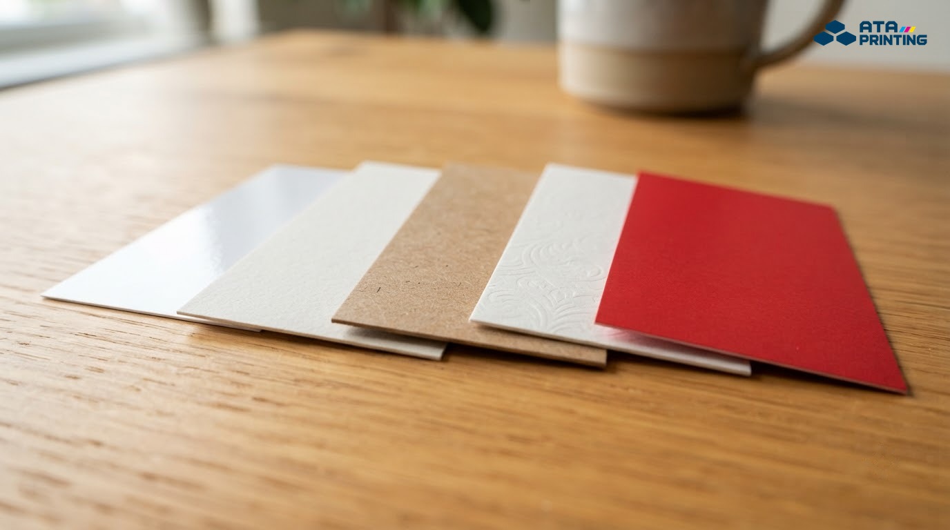 Các mẫu name card giấy couche bóng, bristol, kraft và giấy mỹ thuật xòe trên bàn