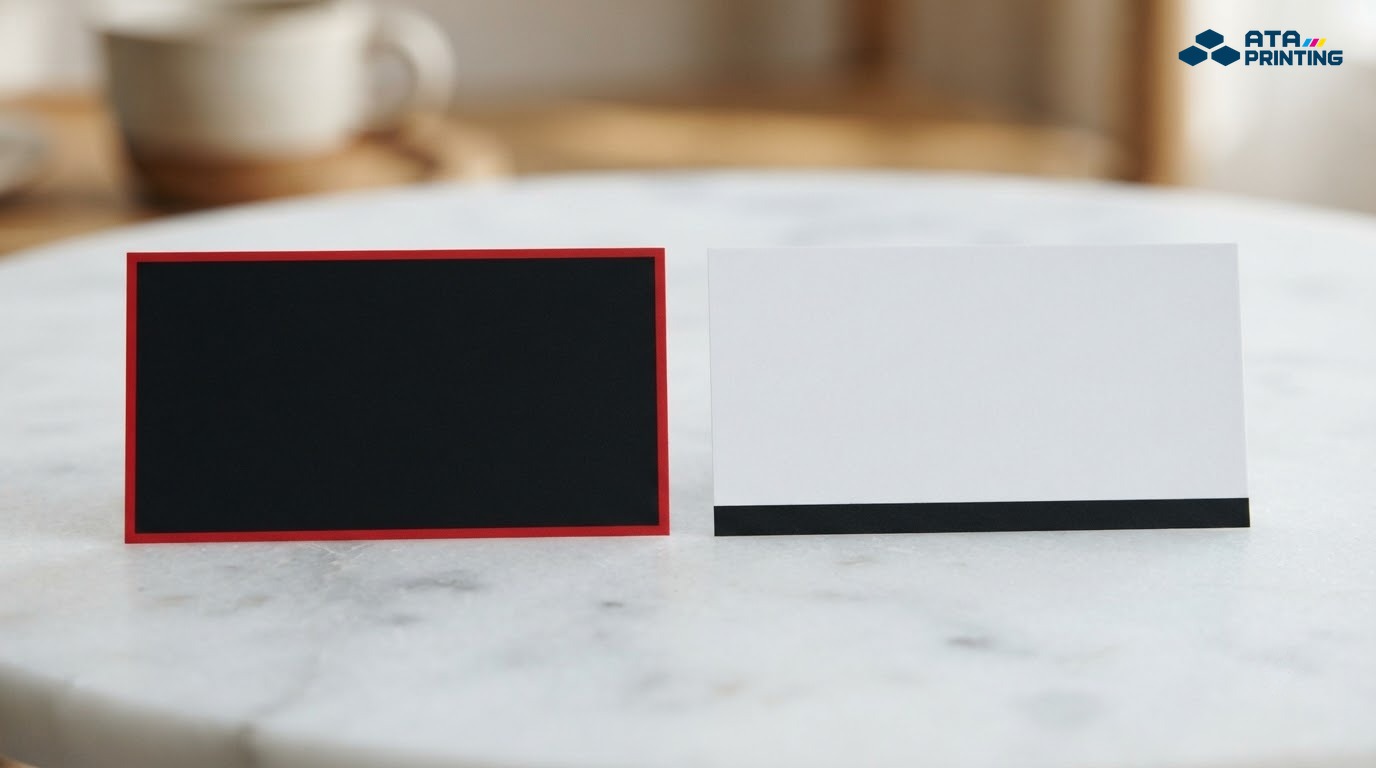 Name card nền đen sâu có đường viền đỏ đặt cạnh name card nền trắng