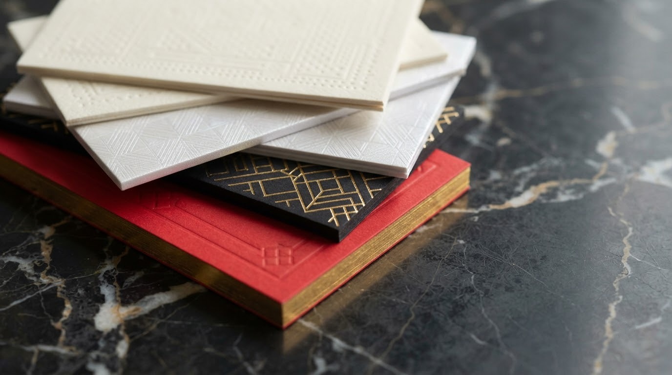 Danh thiếp giấy mỹ thuật vân nổi, ánh kim xà cừ, đen tuyền ép kim vàng xếp trên đá cẩm thạch