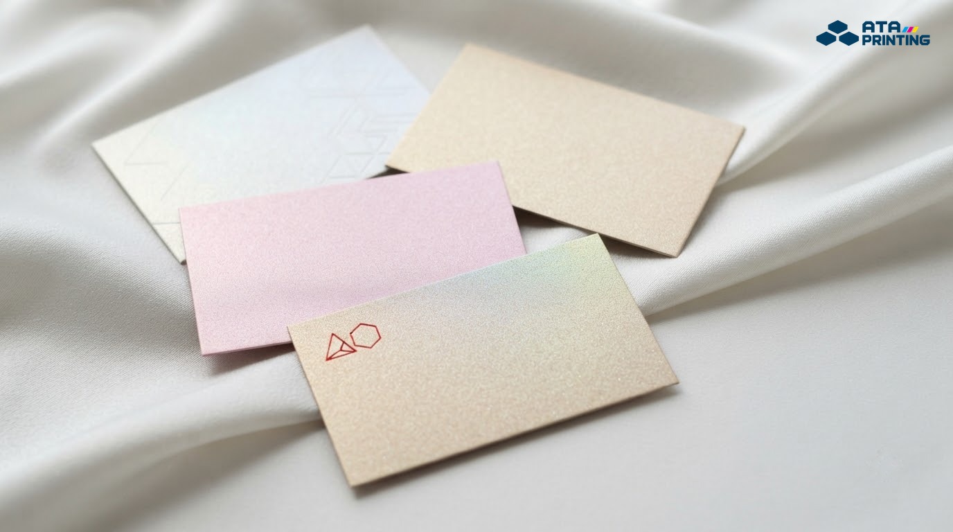 Danh thiếp giấy ánh kim xà cừ trắng ngọc trai, vàng champagne và hồng phấn trên lụa trắng