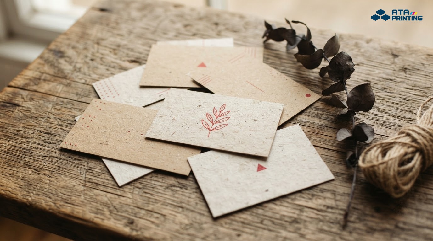 Danh thiếp giấy kraft và giấy sợi thực vật mộc mạc bên cành lá khô và dây đay